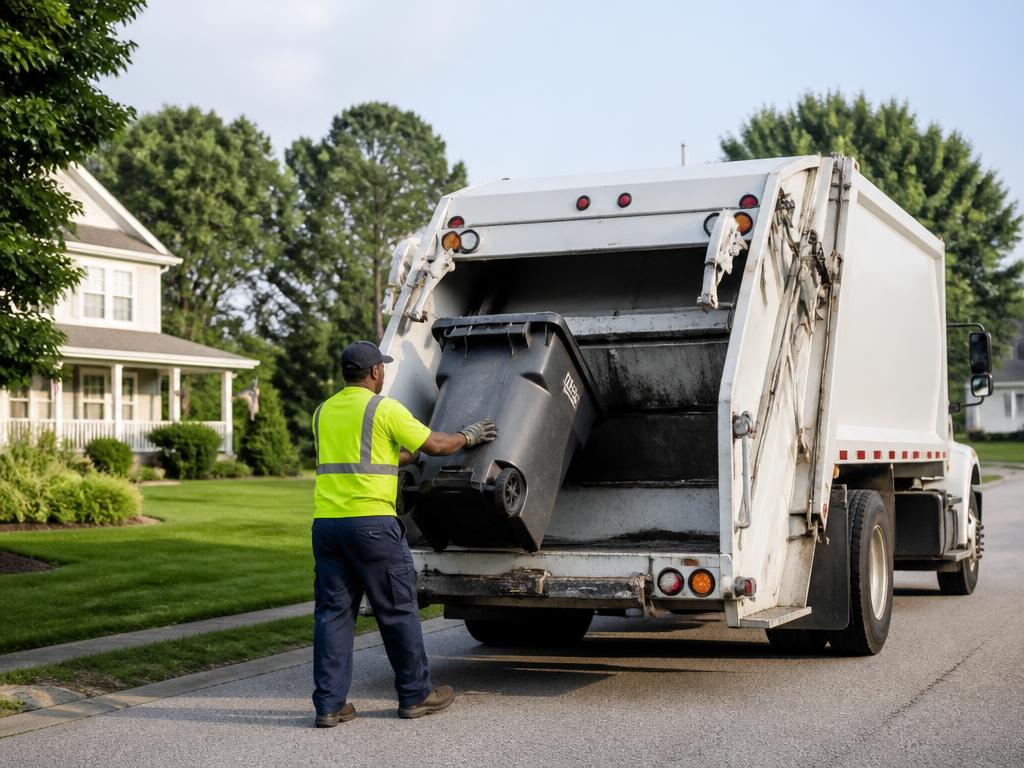Sanitation worker emptying a curbside trash cart into a rear-loader garbage truck